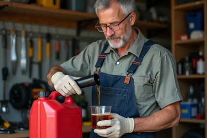 Homme en tenue de travail verse de l huile dans un récipient