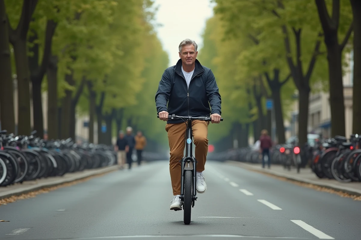 Homme en vélo électrique dans une avenue parisienne