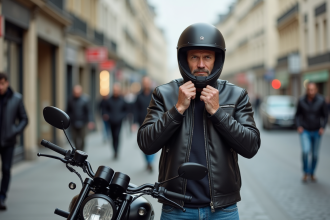 Homme d'âge moyen avec moto à Paris en rue urbaine