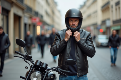 Homme d'âge moyen avec moto à Paris en rue urbaine