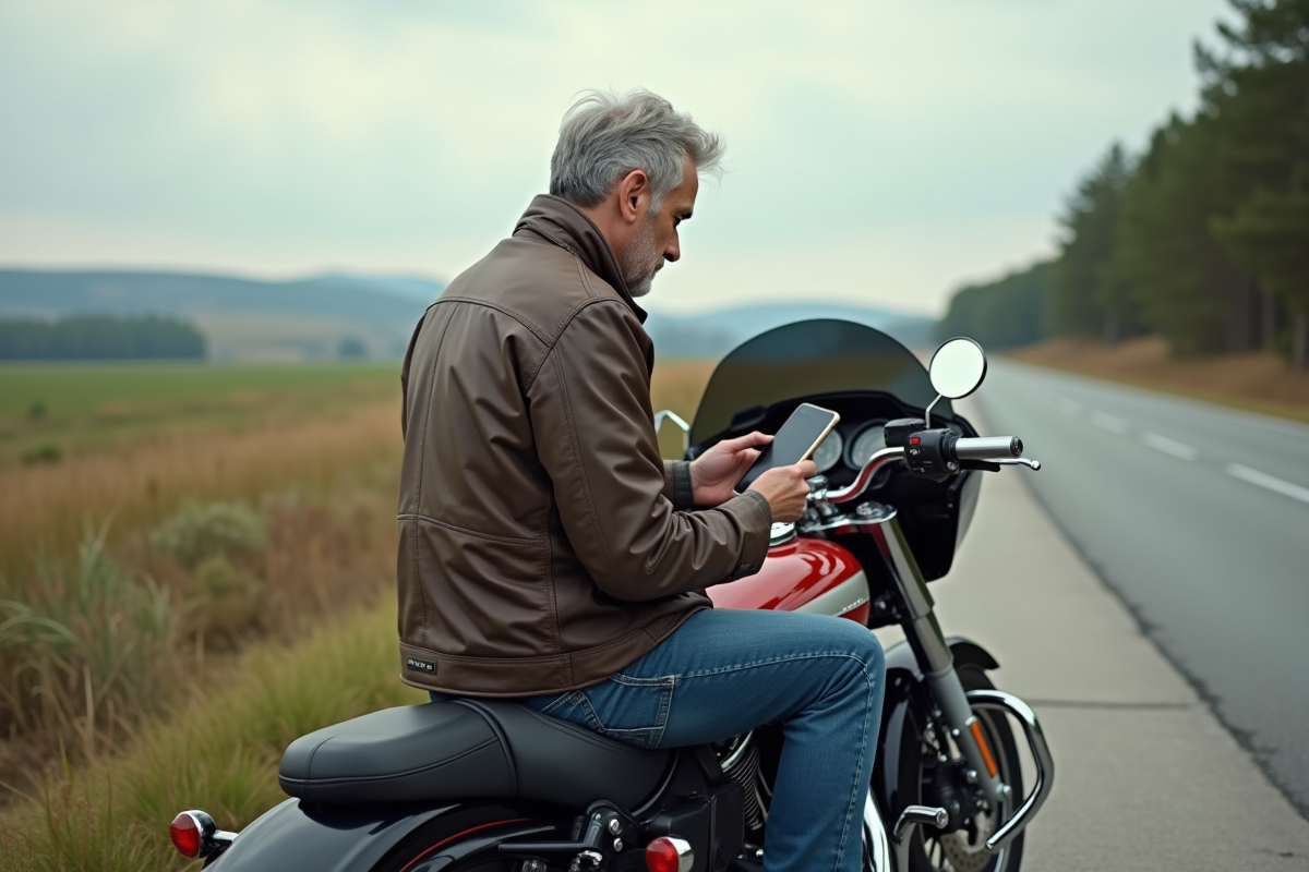 Homme vérifiant GPS sur moto en campagne