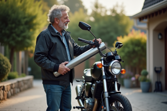 Homme passionne de moto tenant silencieux en acier inoxydable