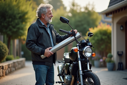 Homme passionne de moto tenant silencieux en acier inoxydable