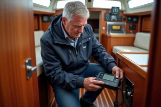 Homme d'âge moyen connectant un convertisseur électrique dans un bateau