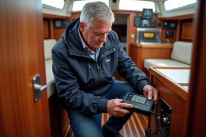 Homme d'âge moyen connectant un convertisseur électrique dans un bateau