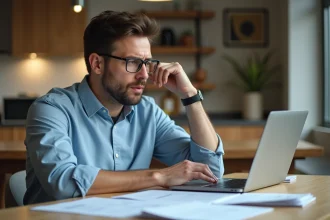 Homme concentré devant son ordinateur avec documents
