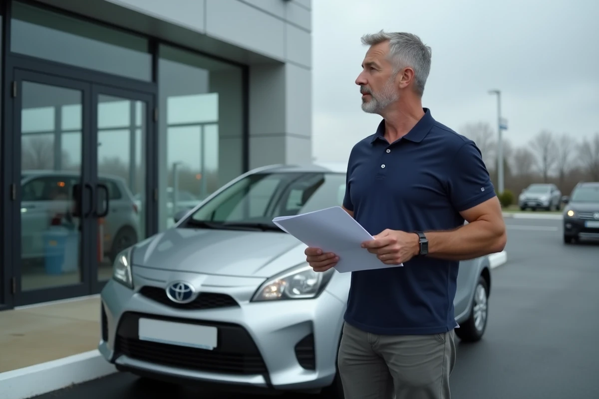 Homme tenant les papiers de carte grise devant une voiture neuve chez un concessionnaire