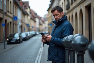 Homme d'âge moyen vérifiant un parcmètre dans le centre historique de Colmar