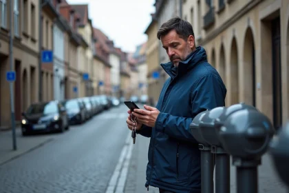 Homme d'âge moyen vérifiant un parcmètre dans le centre historique de Colmar