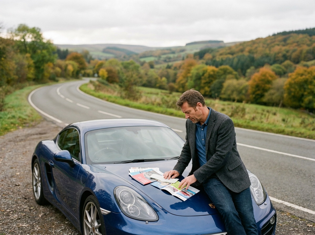 Homme avec Porsche Cayman en campagne automnale