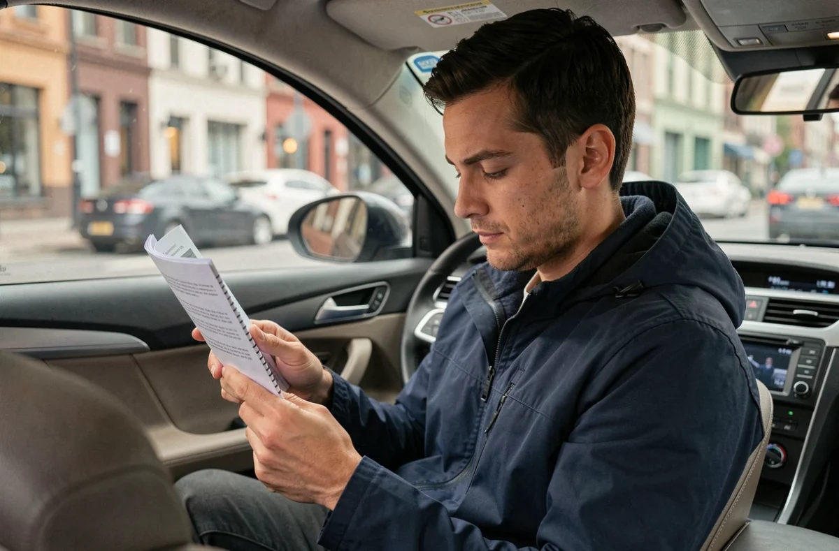 Homme consultant ses fiches de questions de code de la route imprimées dans une voiture garée