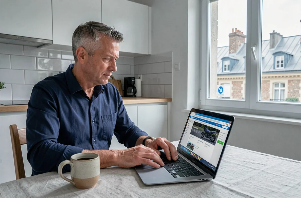 Homme recherchant une assurance moto avantageuse sur internet depuis son appartement à Caen
