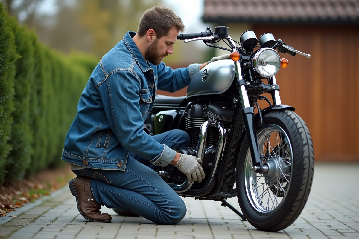 Homme en denim ajuste la chaîne d'une moto Dax 125