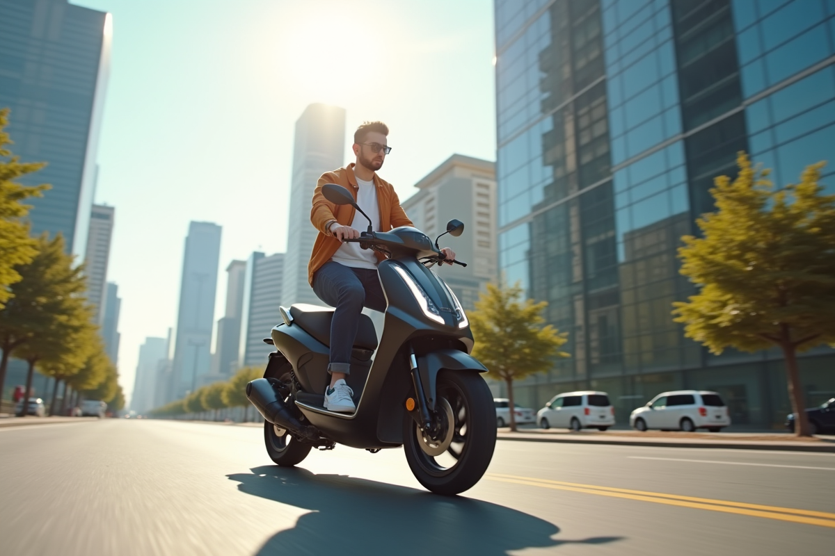 Homme moderne en scooter 2025 sur une rue ensoleillee