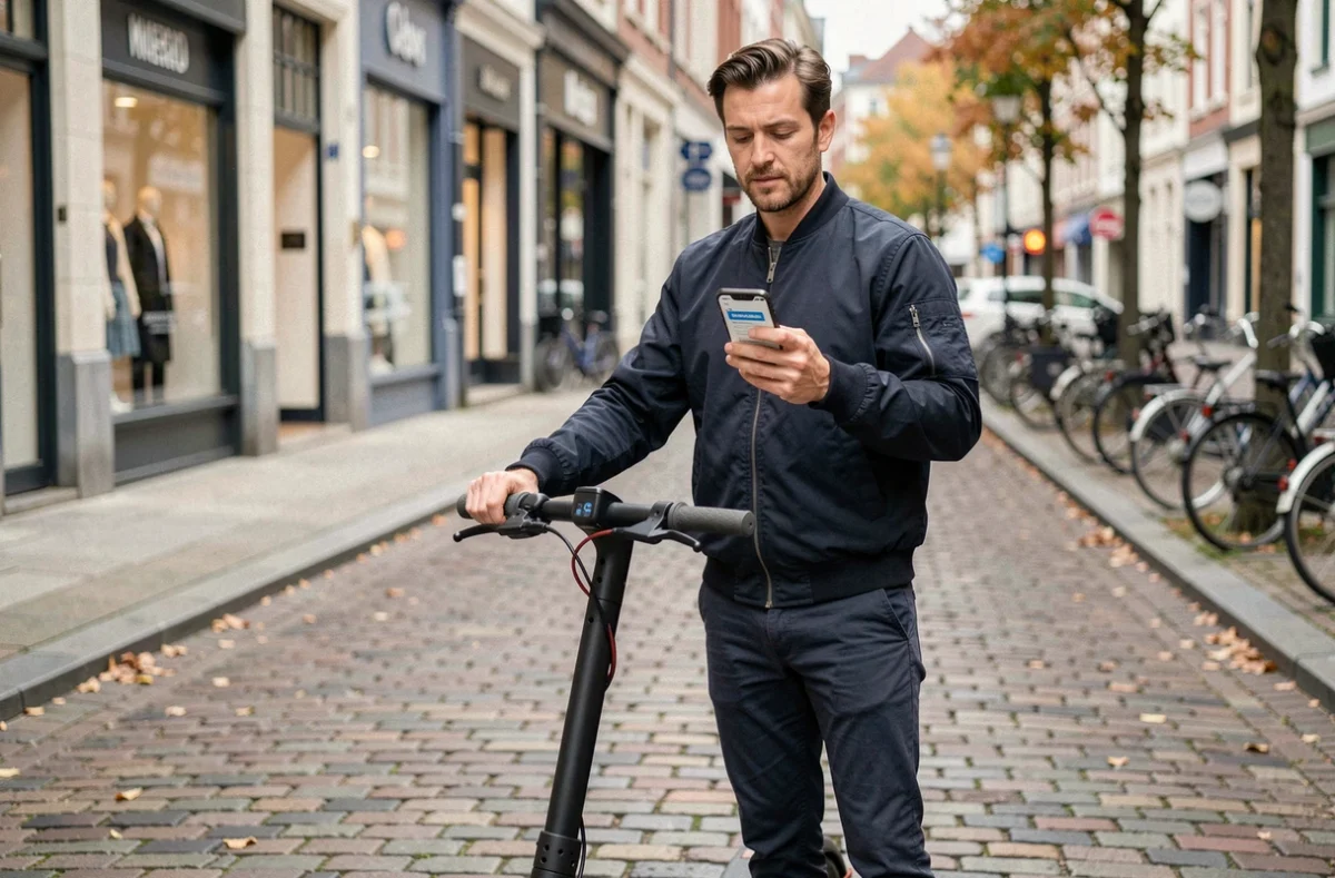 Homme debout à côté de son scooter électrique dans la rue en train de souscrire une assurance en ligne sur smartphone