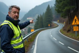 Homme en gilet de sécurité sur la route de Thonon