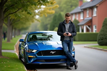 Homme souriant avec sa voiture dans un quartier calme