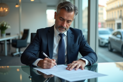 Homme en costume signant des documents de leasing auto