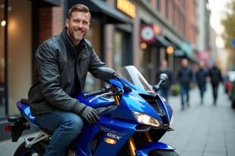 Homme souriant en veste moto examine une moto bleue en ville
