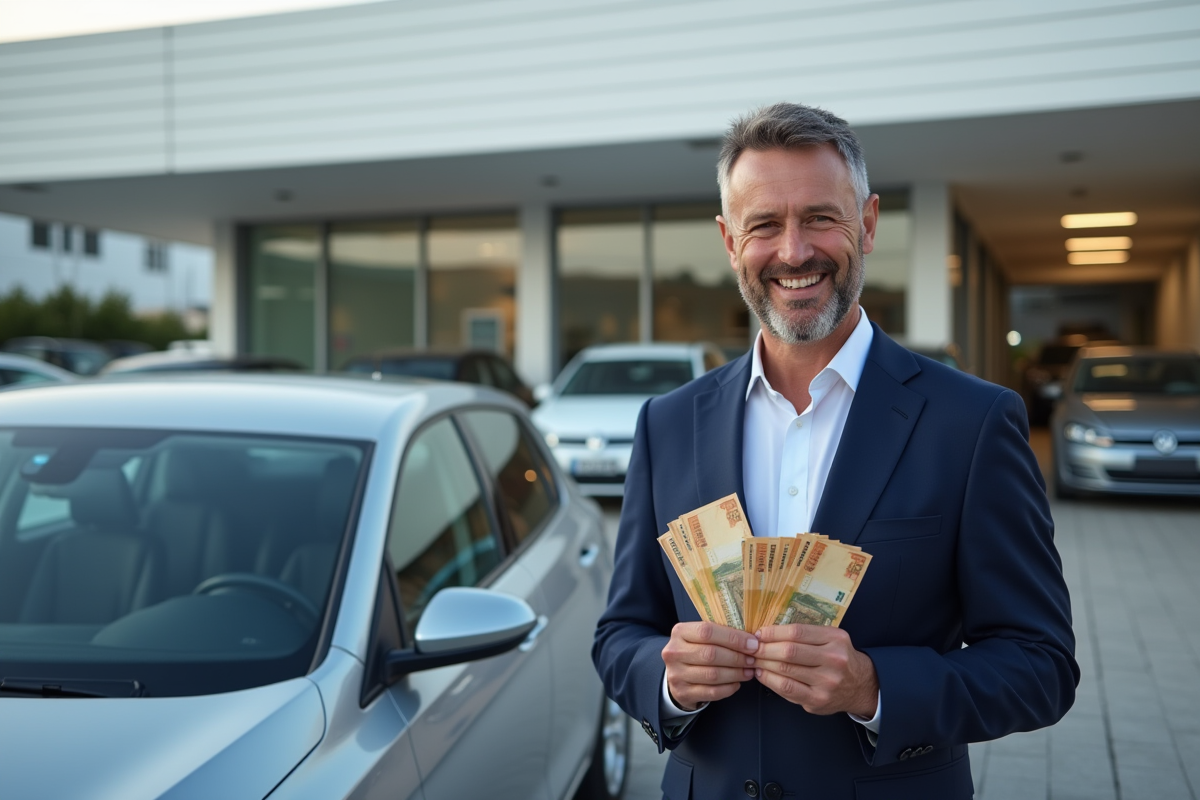 Homme souriant comptant des euros devant une voiture
