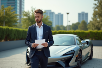 Homme d'affaires examine un document près d'une voiture moderne