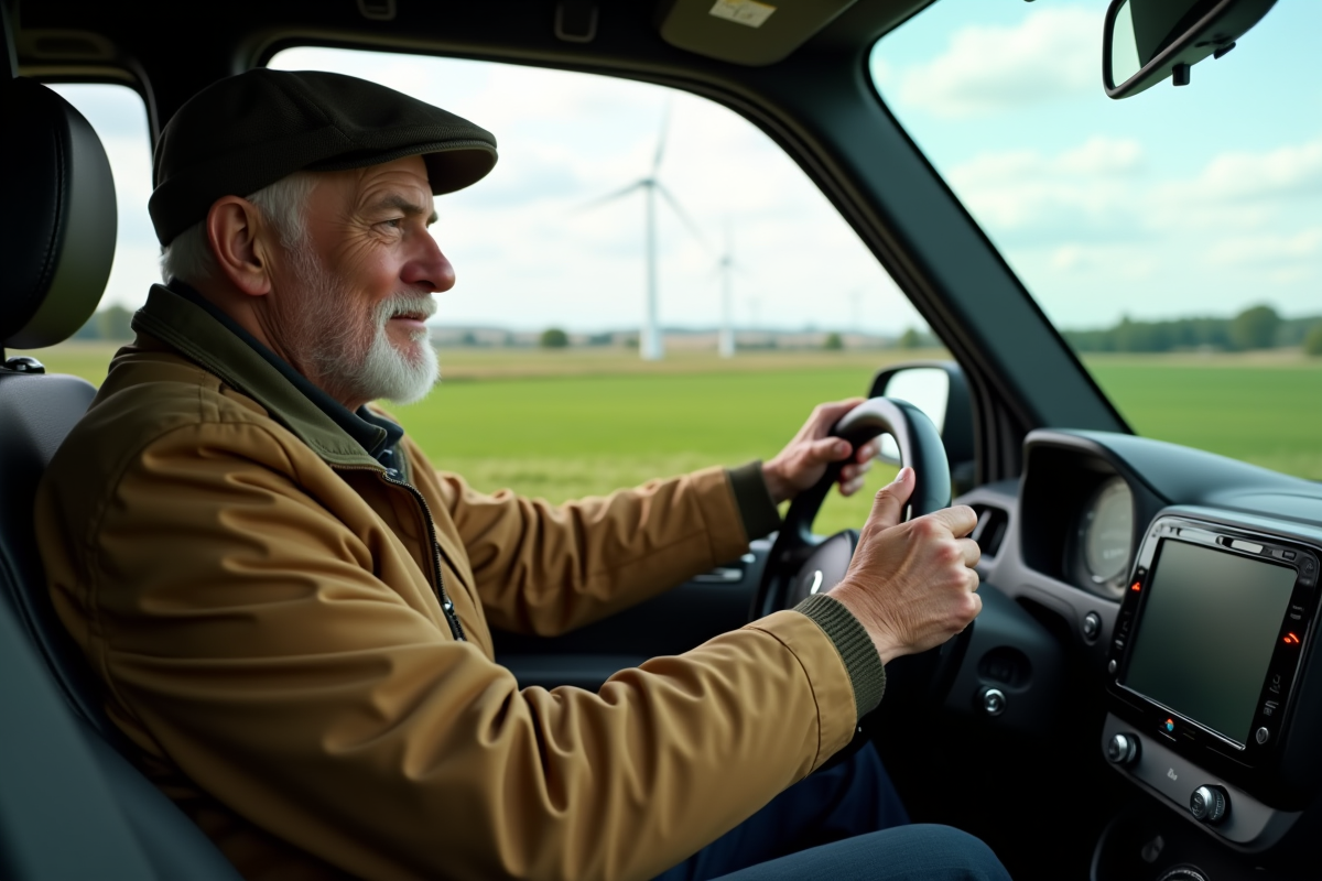 Homme âgé dans un paysage rural avec voiture électrique