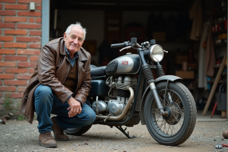 Homme âgé près d'une moto ancienne dans un garage rural