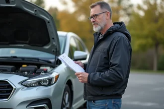 Homme d'âge moyen avec documents près d'une voiture moderne