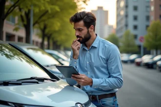 Homme regardant un véhicule électrique en ville