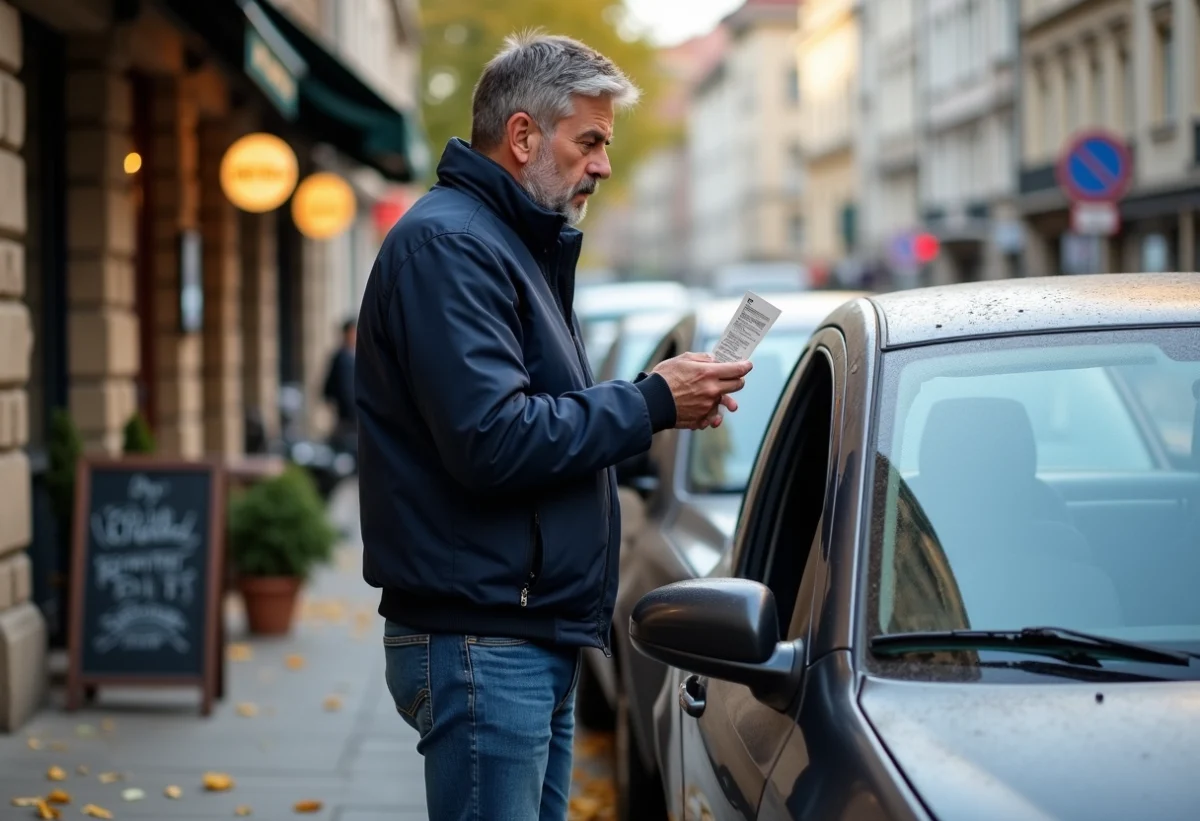 Homme d'âge moyen vérifiant un ticket de stationnement sur sa voiture