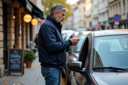 Homme d'âge moyen vérifiant un ticket de stationnement sur sa voiture