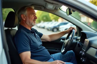Homme dans sa voiture compacte en environnement urbain