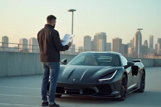 Homme regardant une brochure de voiture sportive en ville