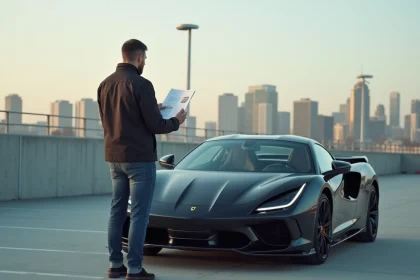 Homme regardant une brochure de voiture sportive en ville