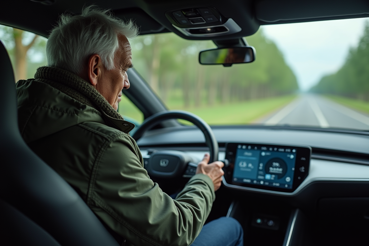 Homme âgé dans voiture électrique regardant tableau de bord