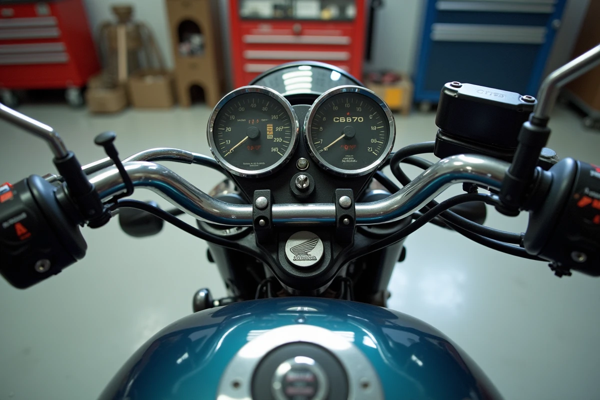 Détail du tableau de bord et du moteur d'une Honda CB750 en atelier, mettant en valeur les caractéristiques techniques pour guider le choix selon le style de conduite