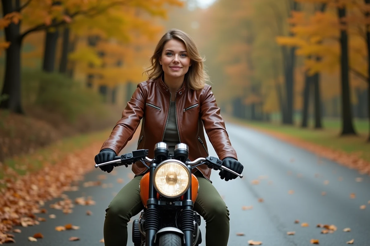 Femme de taille moyenne assise sur une Honda CB750 sur route rurale en automne, montrant l'ergonomie et la position de conduite adaptée à sa morphologie