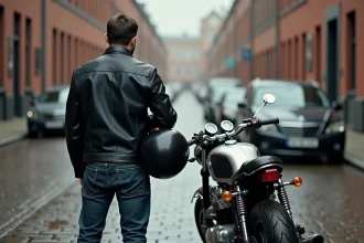 Homme de grande taille debout à côté d'une Honda CB750 sur pavés mouillés en ville, illustrant le choix d'une moto selon la morphologie du pilote
