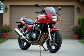 Honda CB 900 d'occasion garée dans une allée résidentielle, vue 3/4 avant montrant l'état général de la moto