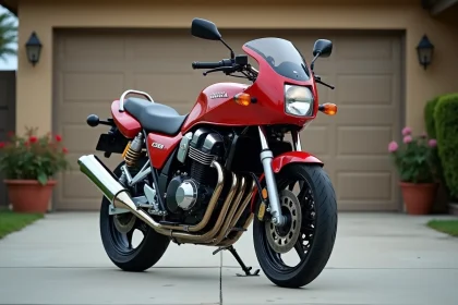 Honda CB 900 d'occasion garée dans une allée résidentielle, vue 3/4 avant montrant l'état général de la moto