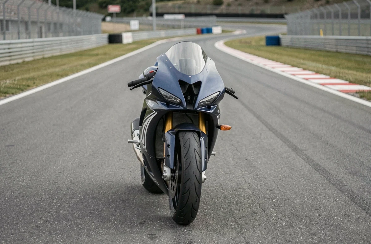 Moto hypersport sur un circuit fermé vue en grand angle au niveau du sol, pneumatiques slick et équipements racing visibles sur la ligne droite d'une piste