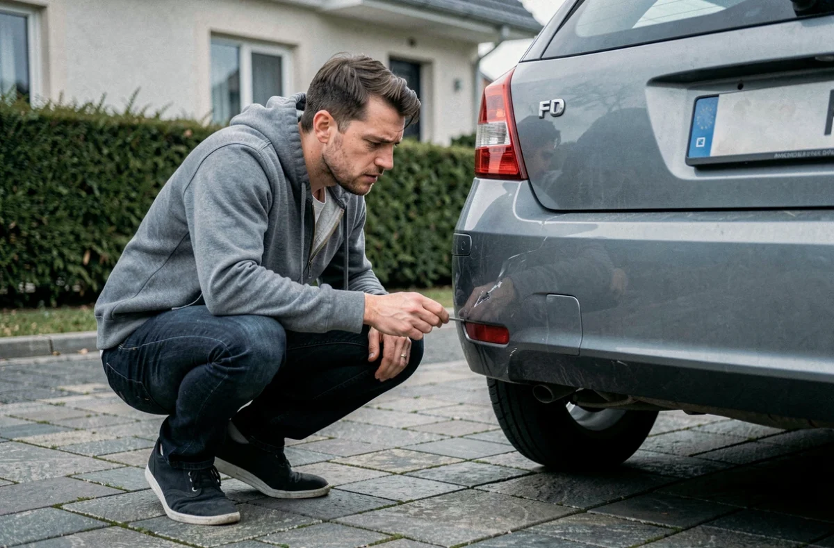 Homme inspectant un dommage sur sa voiture en évaluant sa couverture assurance auto ACA