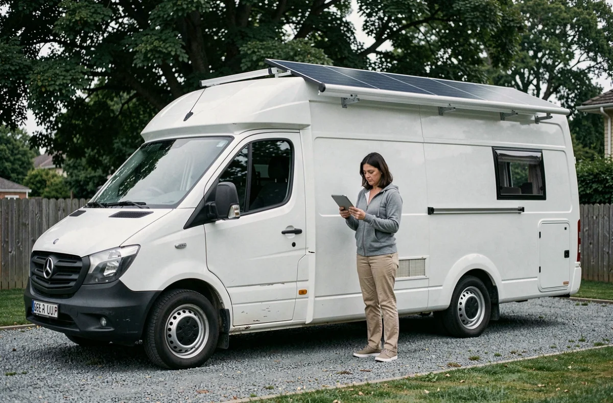 Femme évaluant l'état extérieur et les panneaux solaires d'un van aménagé d'occasion lors d'une inspection avant achat