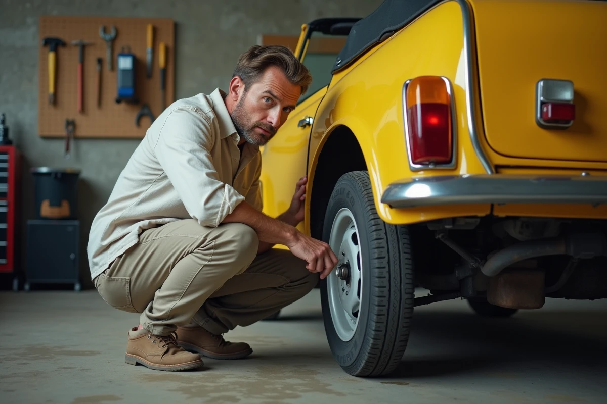 Acheteur inspectant l'état de la carrosserie et du châssis d'une Mini Moke dans un garage avant achat