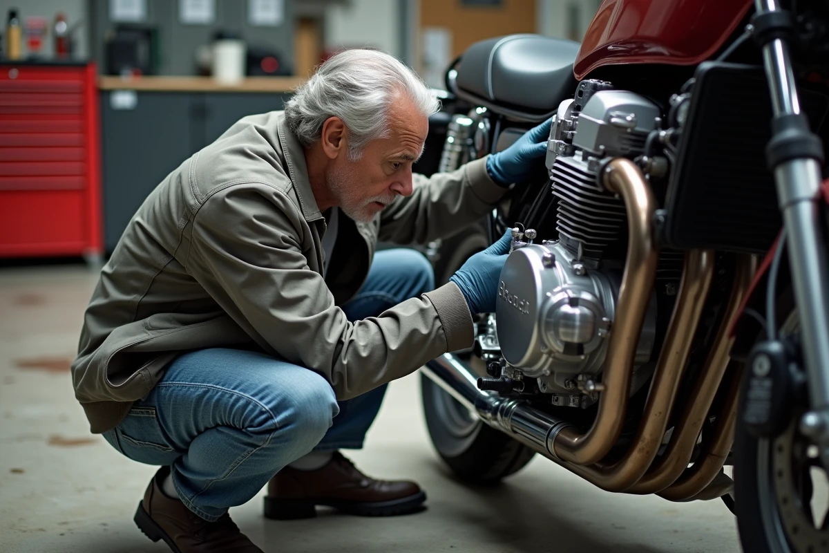 Mécanicien inspectant le moteur d'une Honda CB 900 d'occasion dans un garage, vérification avant achat