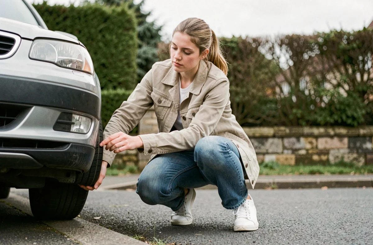 Femme inspectant l'état d'un pneu avant lors d'une vérification extérieure du véhicule avant l'examen du permis