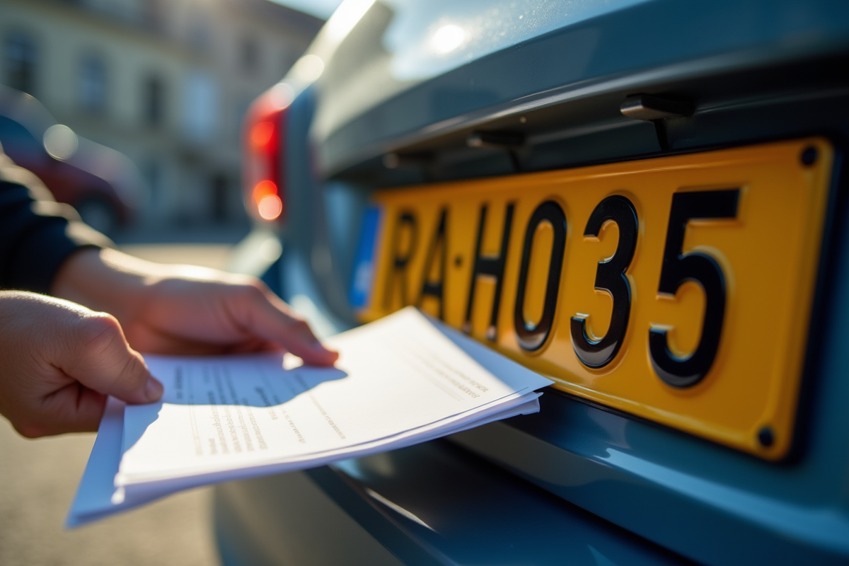 Main installant une plaque d immatriculation sur une voiture