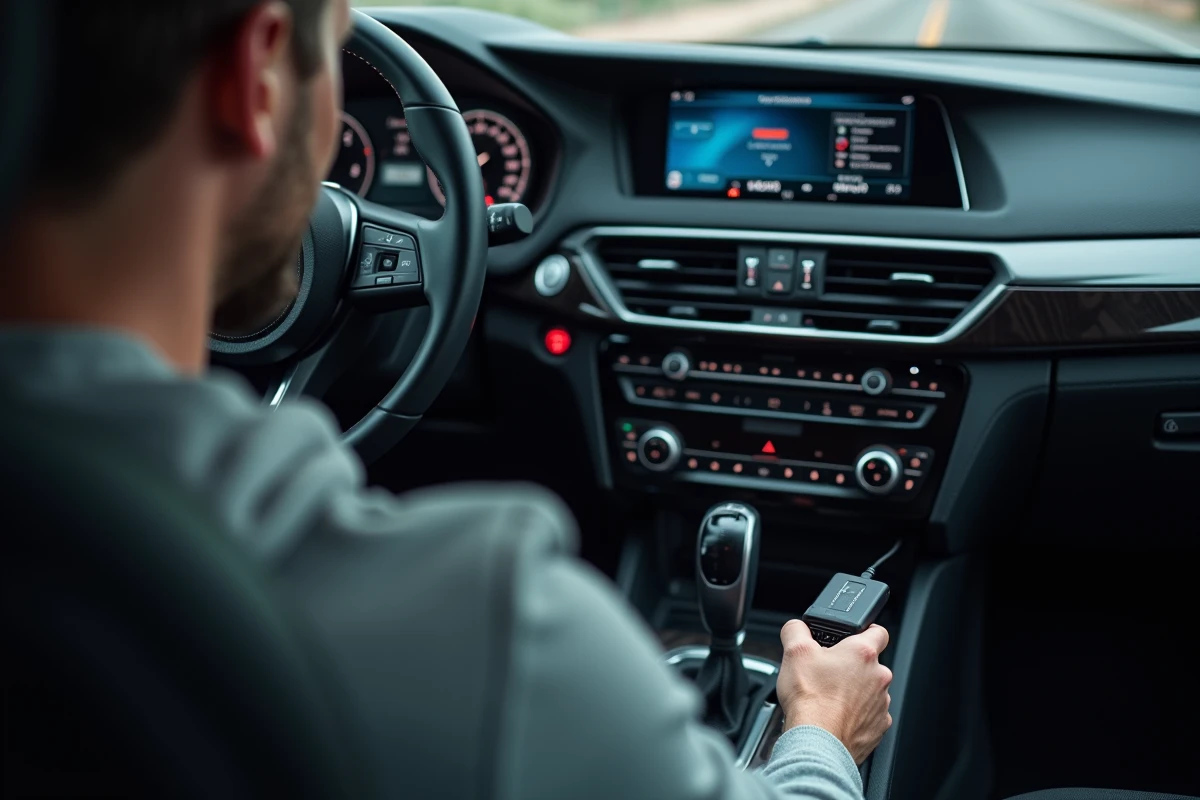 Interface OBD2 branchée sous le tableau de bord d'une voiture pour un stage de reprogrammation moteur personnalisé