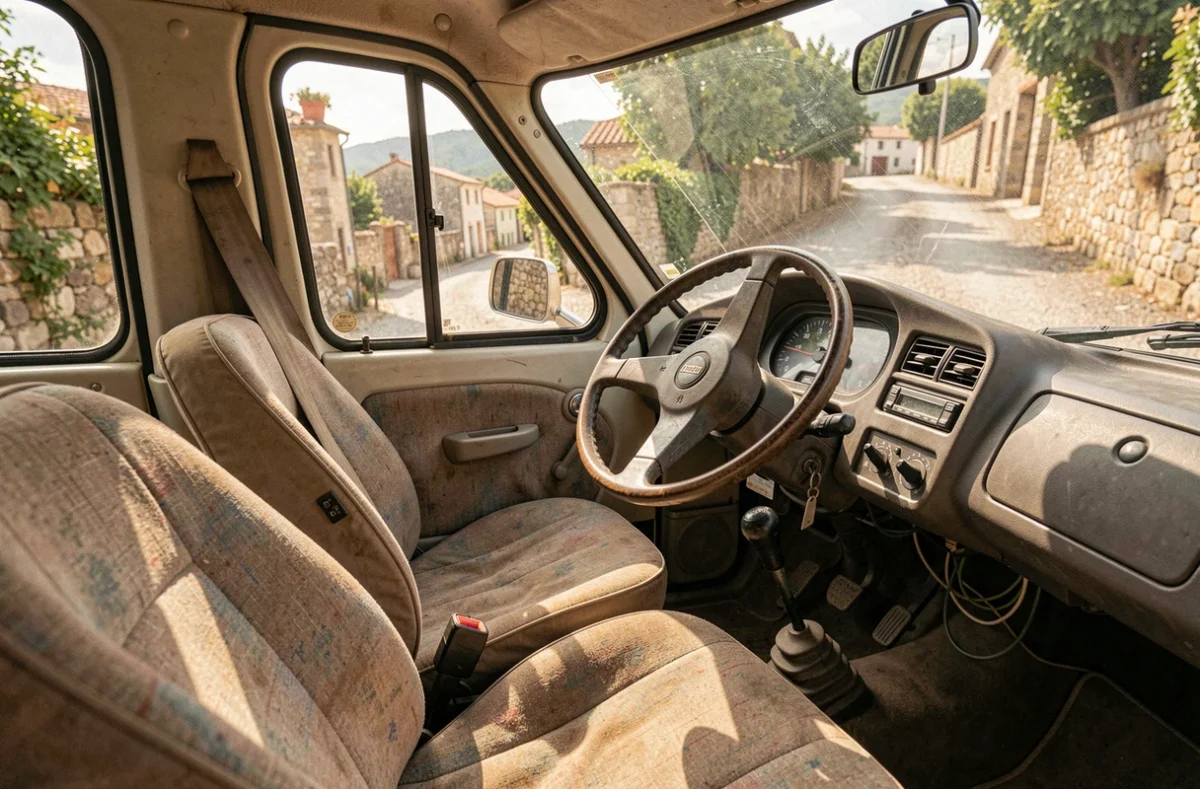 Intérieur d'une voiture sans permis d'occasion avec sièges légèrement usés et tableau de bord simple à Ajaccio