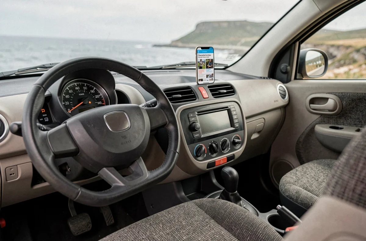 Intérieur d'une voiture sans permis d'occasion avec tableau de bord et paysage varois en arrière-plan